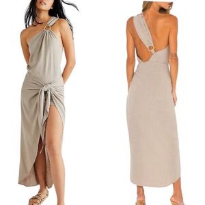 LN Just Bee Queen Dash One Shoulder Bamboo Hardware Wrap Maxi Dress in Stone - M